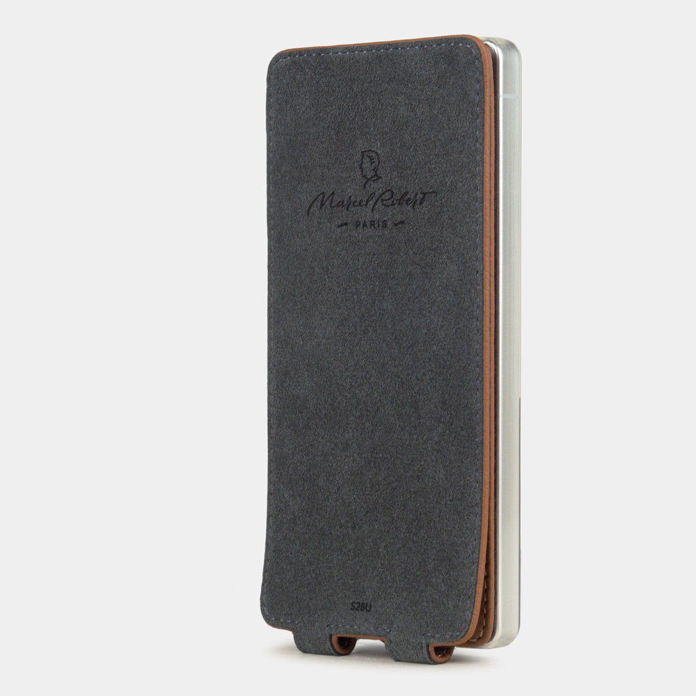 Interior of the Samsung S24 Ultra gold leather flip case, Alcantara lining with Marcel Robert Paris embossed logo