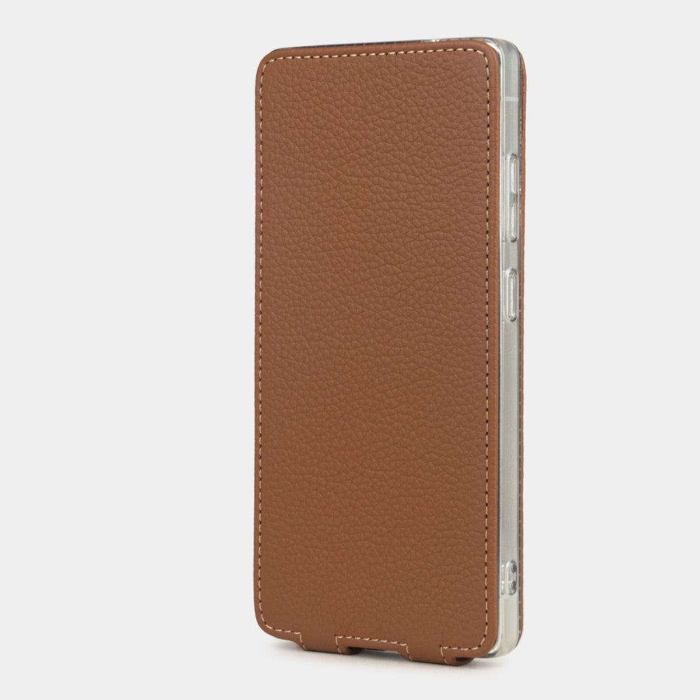 Samsung S24 Ultra leather flip case in gold calfskin, patented magnetic flap closed flat — front view