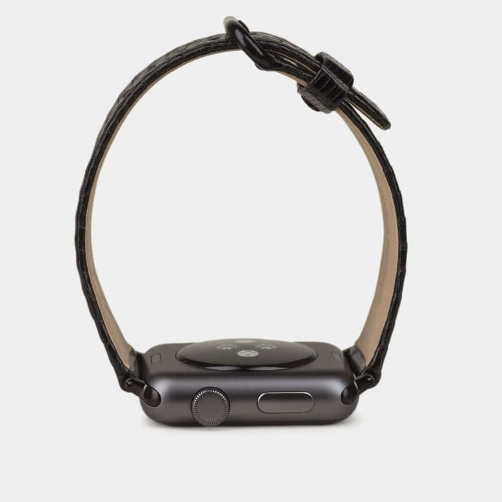 black lizard strap apple watch black adapters and buckle profile view