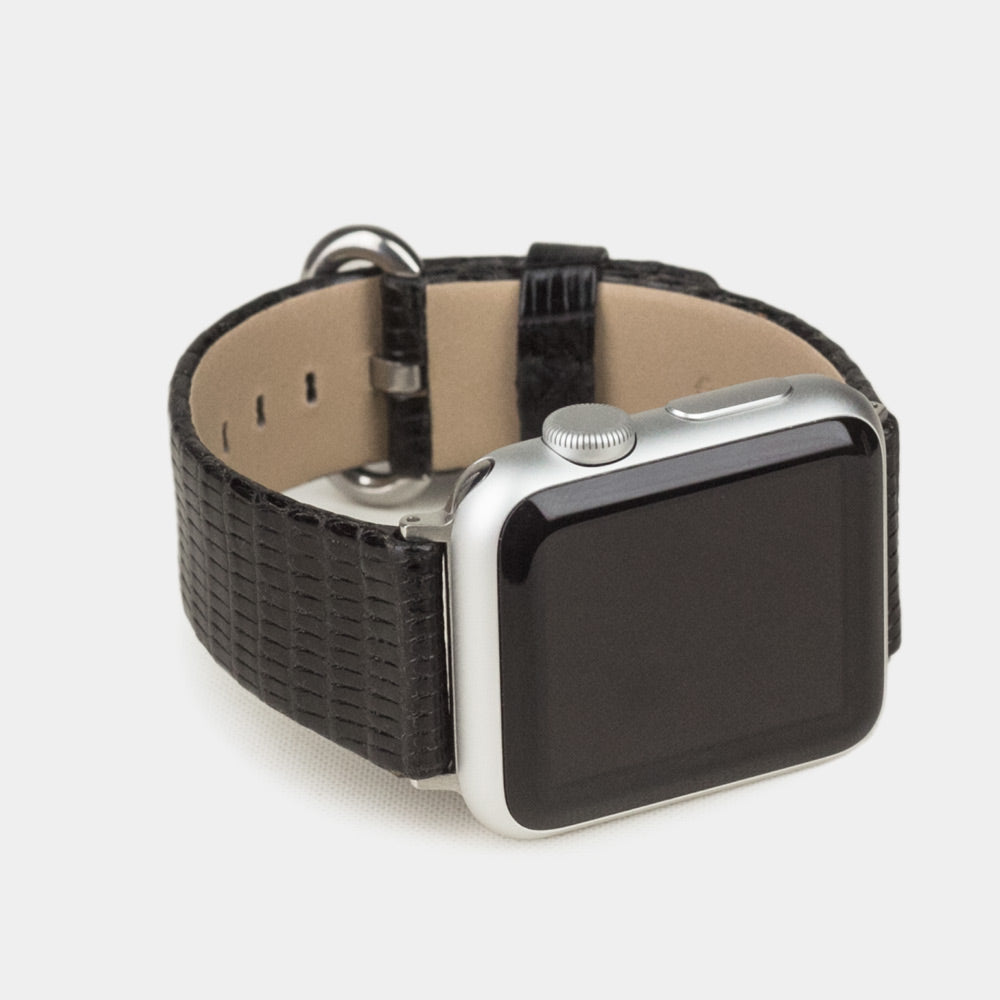 black lizard strap apple watch steel adapters and buckle frontal view