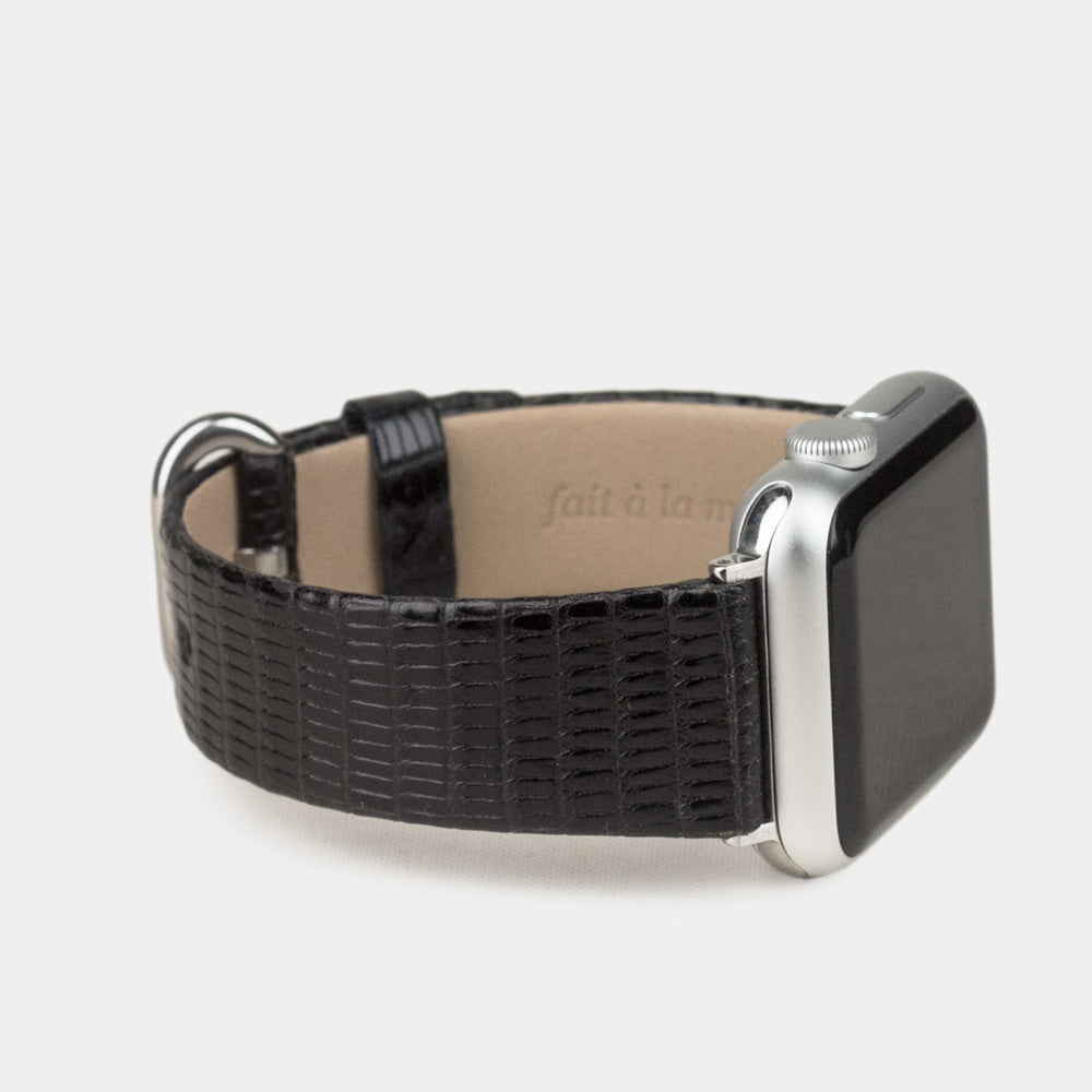 black lizard strap apple watch steel adapters and buckle side view