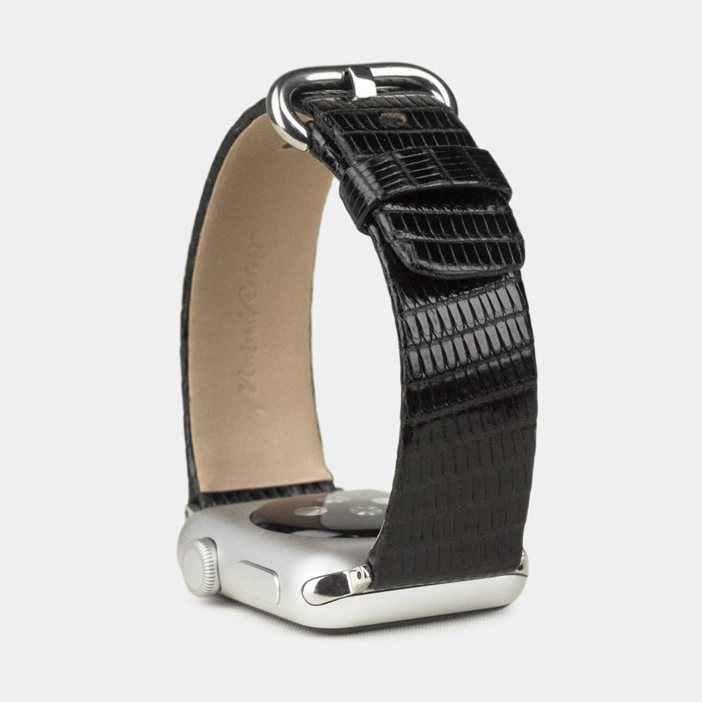 black lizard strap apple watch steel adapters and buckle upper view