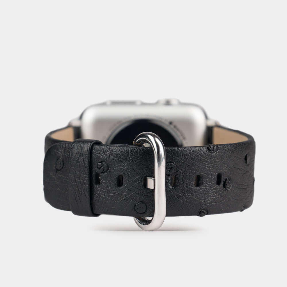 black ostrich strap apple watch with steel adapters and buckle main image
