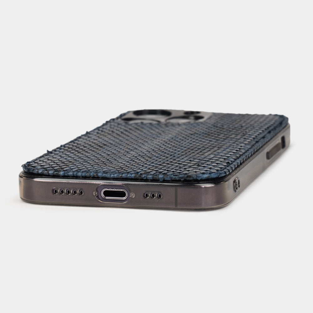 blue python Cover Case iPhone 15 Pro Max - flat side view displaying ultra-thin handcrafted design, USB-C port opening and precise edge finishing