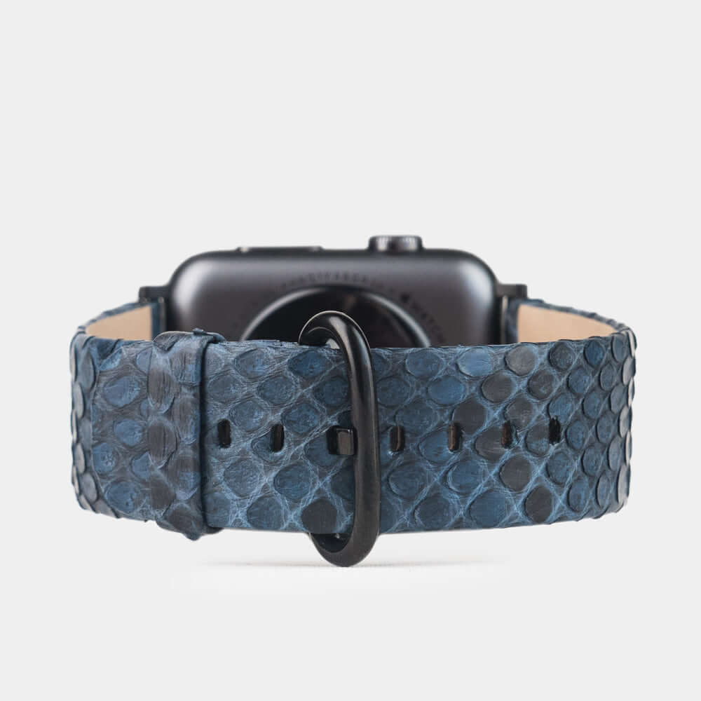 Strap for the Apple Watch 41/42 mm in blue python leather, with black adapters and buckle | main view
