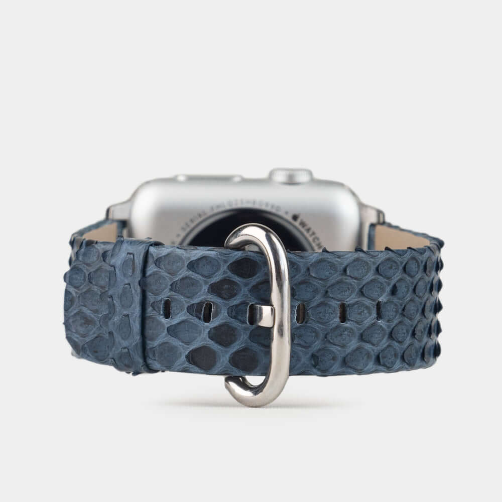 Strap for the Apple Watch 41/42 mm in blue python leather, with steel adapters and buckle | main view