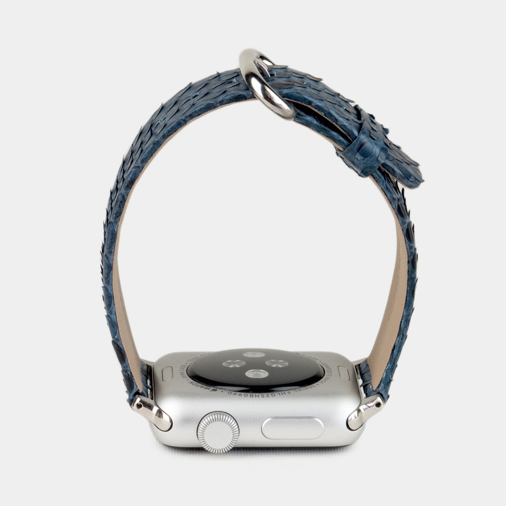 blue python strap apple watch with steel adapters and buckle profile view