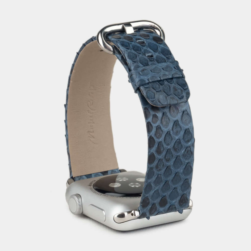 Strap for the Apple Watch 41/42 mm in blue python leather, with steel adapters and buckle | full profile view to see the thickness of the strap