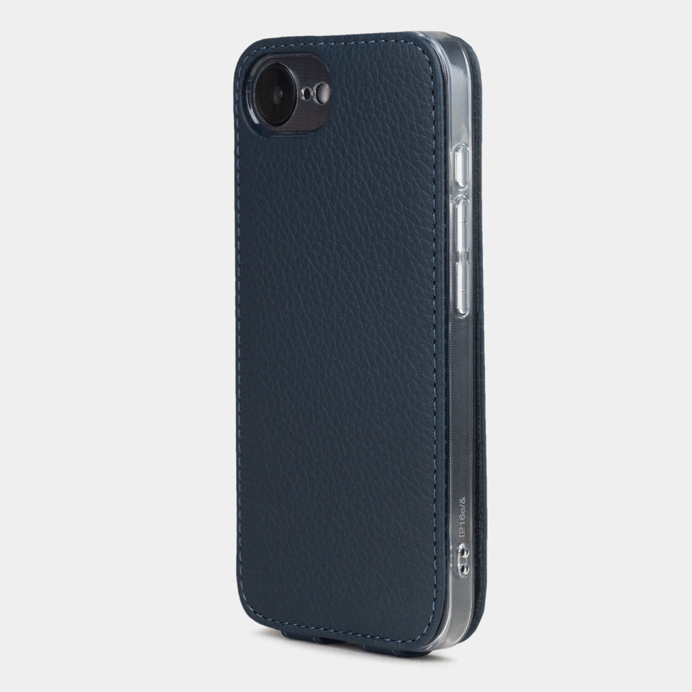 Blue Calfskin Flip Case iPhone 16e - view from camera side and how the lenses are efficiently protected