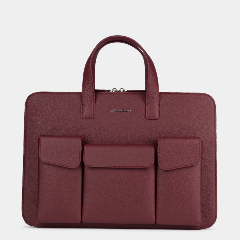 Women's 17 inch leather laptop bag with pockets in bordeaux full-grain leather, executive business briefcase front view