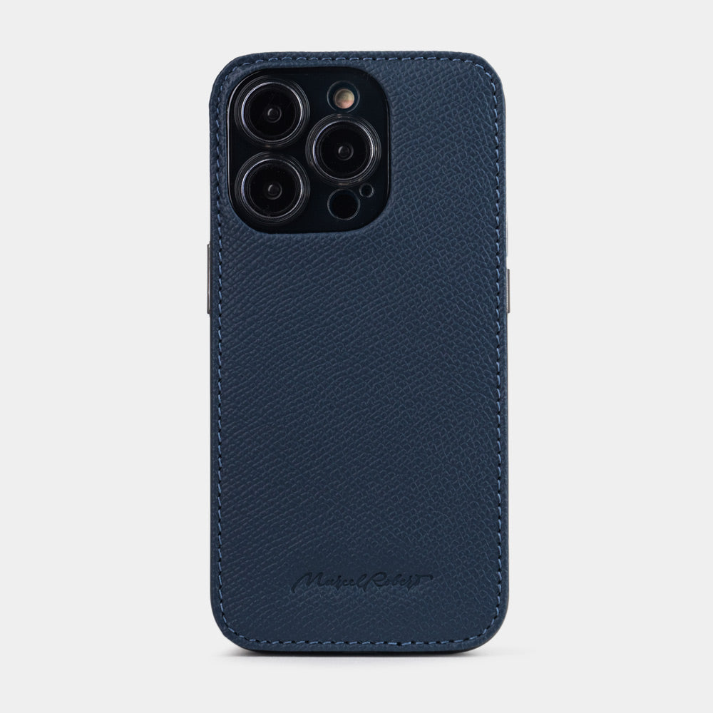 Blue Saffiano leather iPhone 15 Pro cover case with slim profile and precision camera cut-out