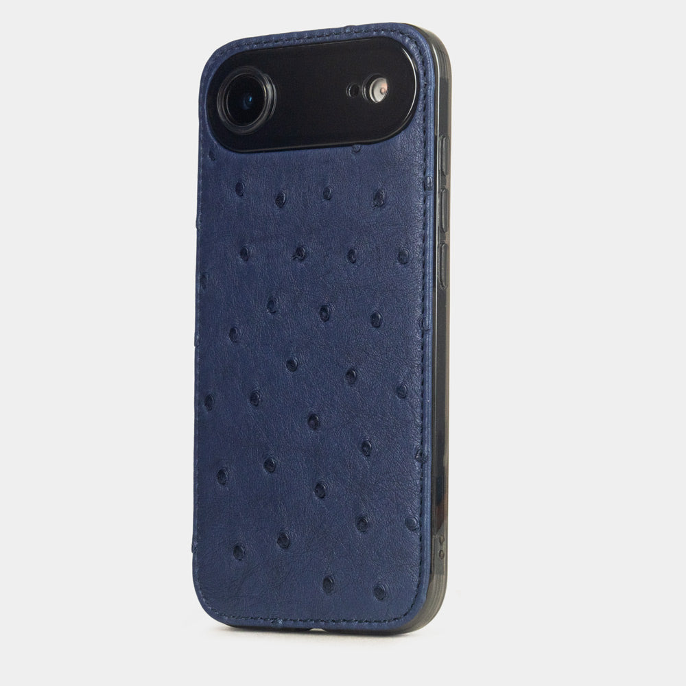 Blue Ostrich Cover Case iPhone 17 Air – luxury handmade phone case in genuine ostrich leather, main photo