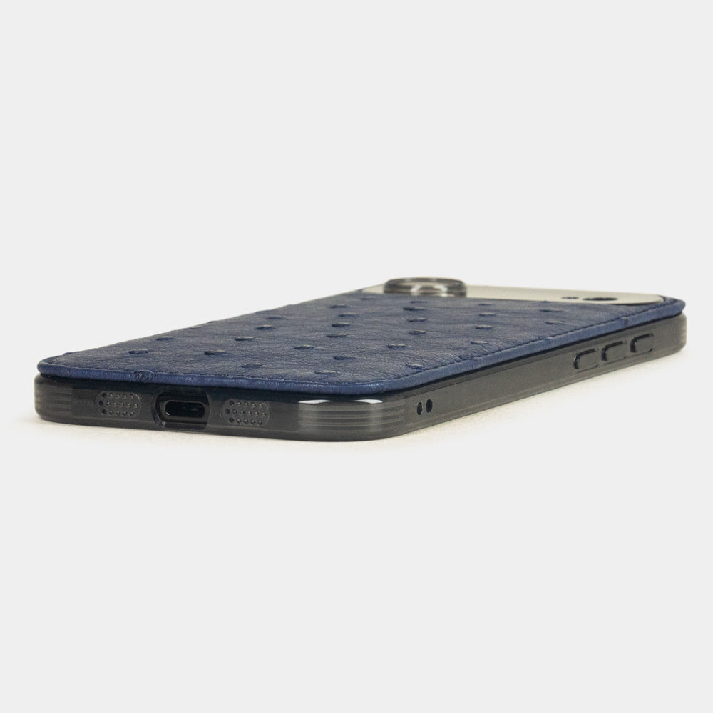 blue Ostrich Cover Case iPhone 17 Air - flat side view displaying ultra-thin handcrafted design, USB-C port opening and precise edge finishing