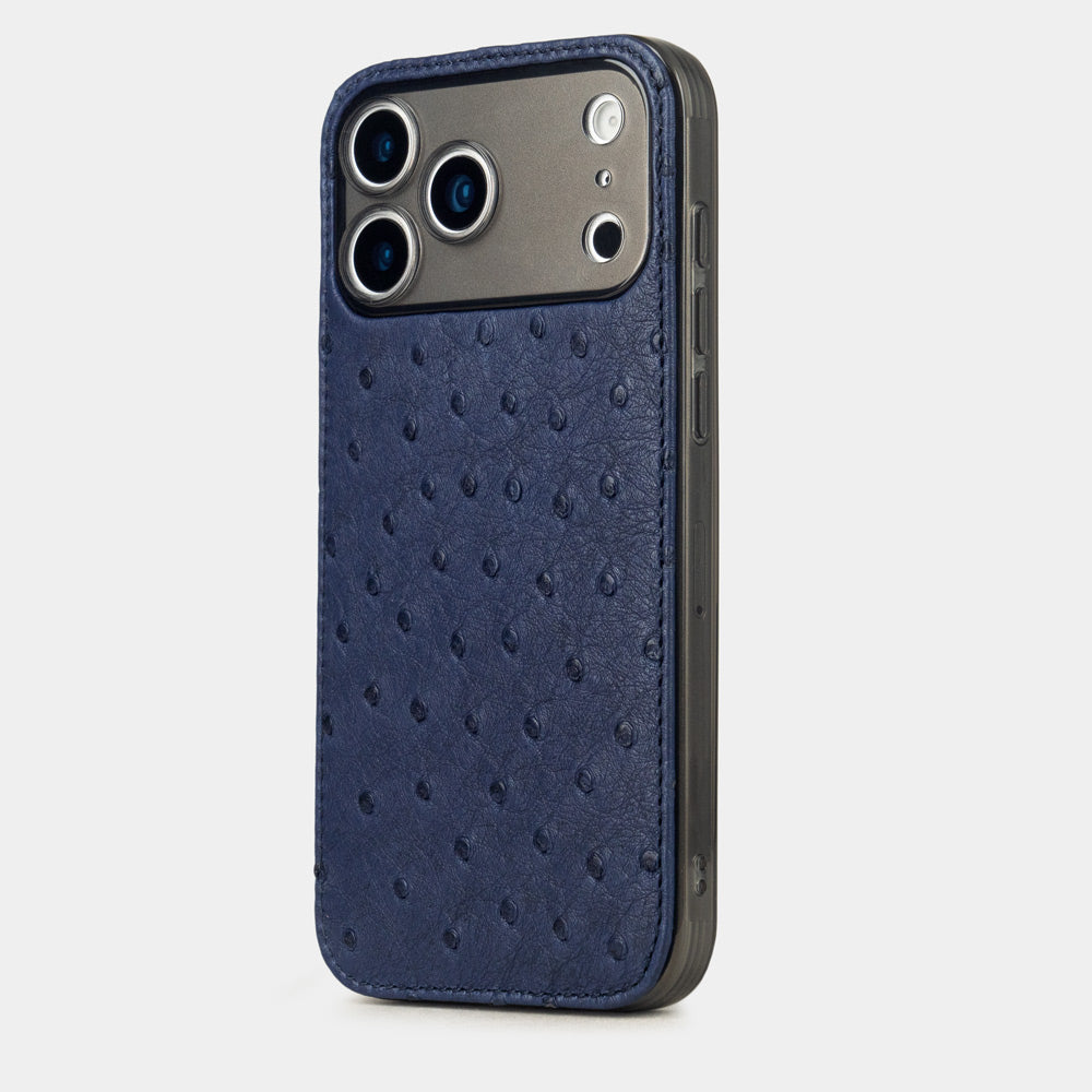 Blue Ostrich Cover Case iPhone 17 Pro Max silver – luxury handmade phone case in genuine ostrich leather, view of the cameras
