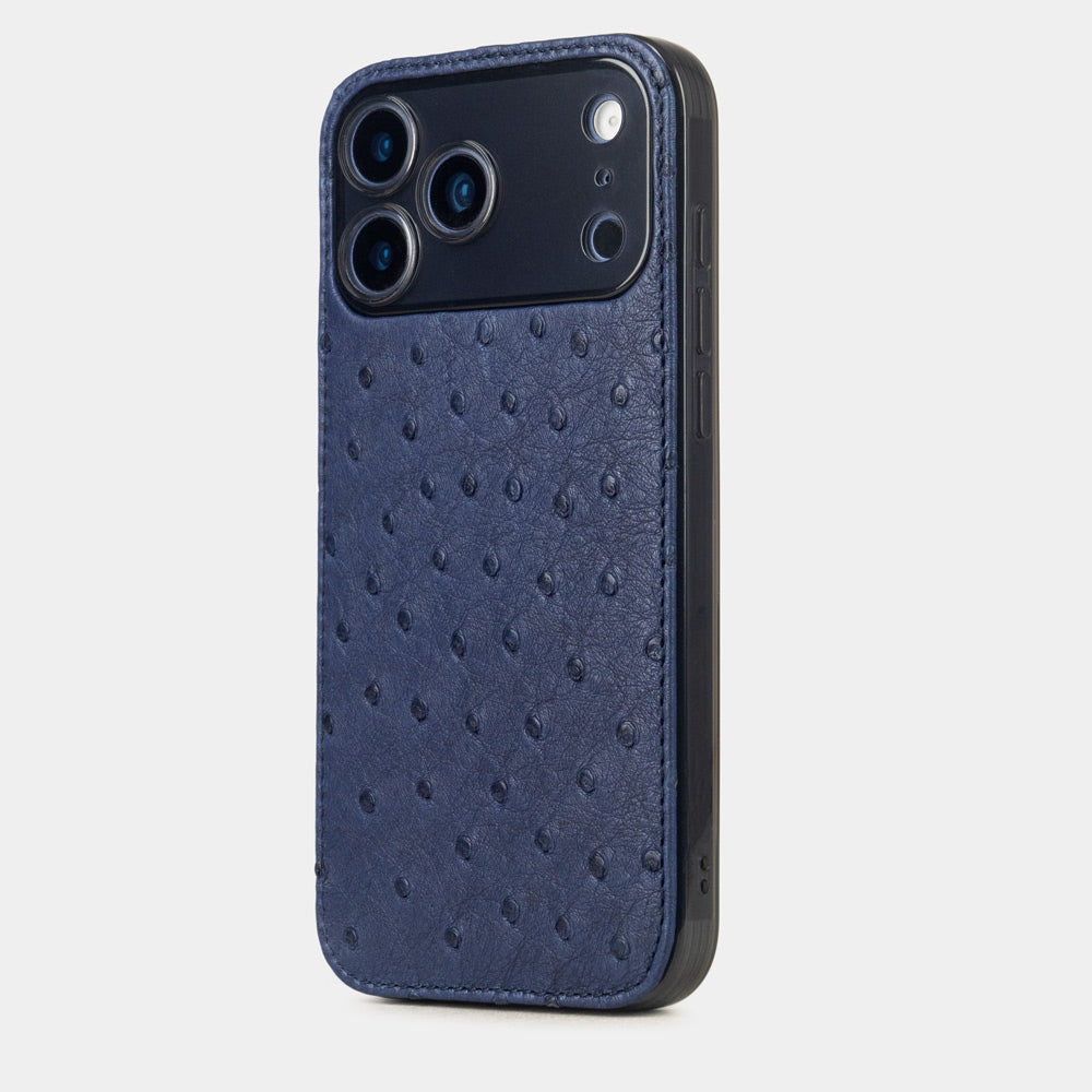 Blue Ostrich Cover Case iPhone 17 Pro Max blue – luxury handmade phone case in genuine ostrich leather, view of the cameras