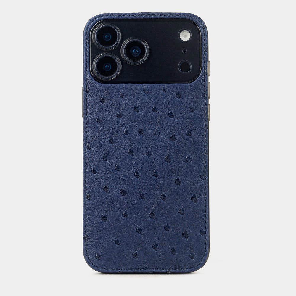 Blue Ostrich Cover Case iPhone 17 Pro Max - case with textured quill pattern, view from camera side and how the lenses are efficiently protected