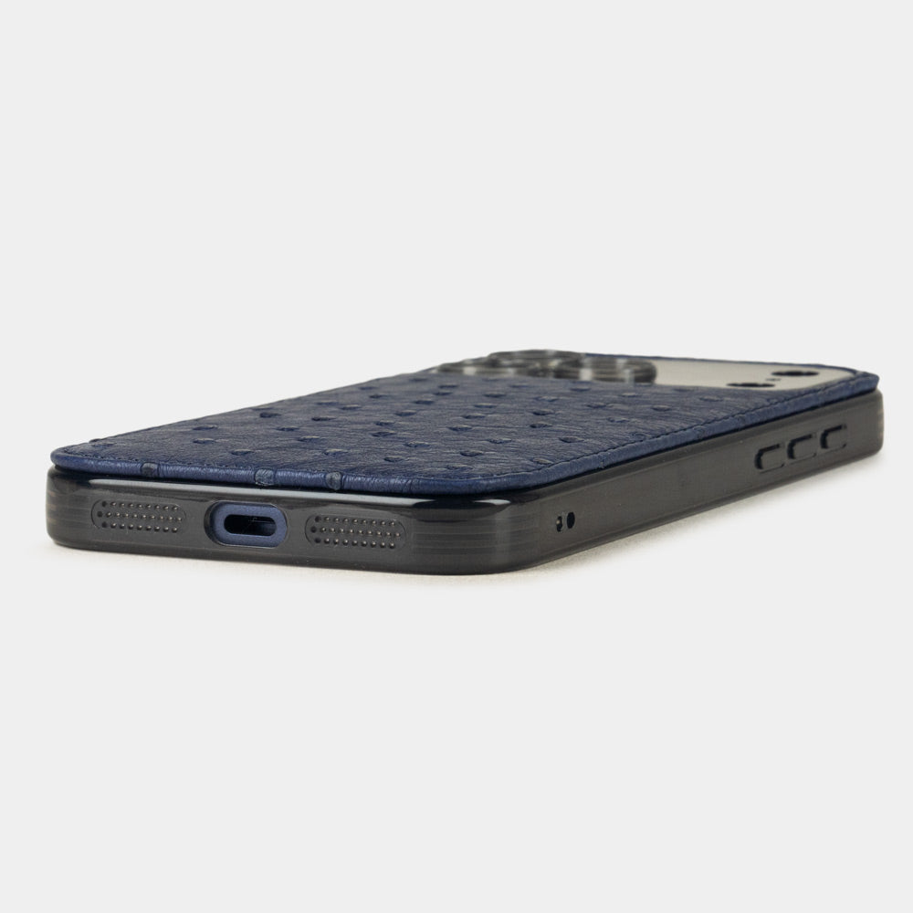 Blue Ostrich Cover Case iPhone 17 Pro Max - flat side view displaying ultra-thin handcrafted design, USB-C port opening and precise edge finishing