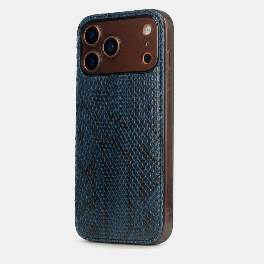 Blue Python Cover Case iPhone 17 Pro Max orange – luxury handmade phone case in genuine python leather