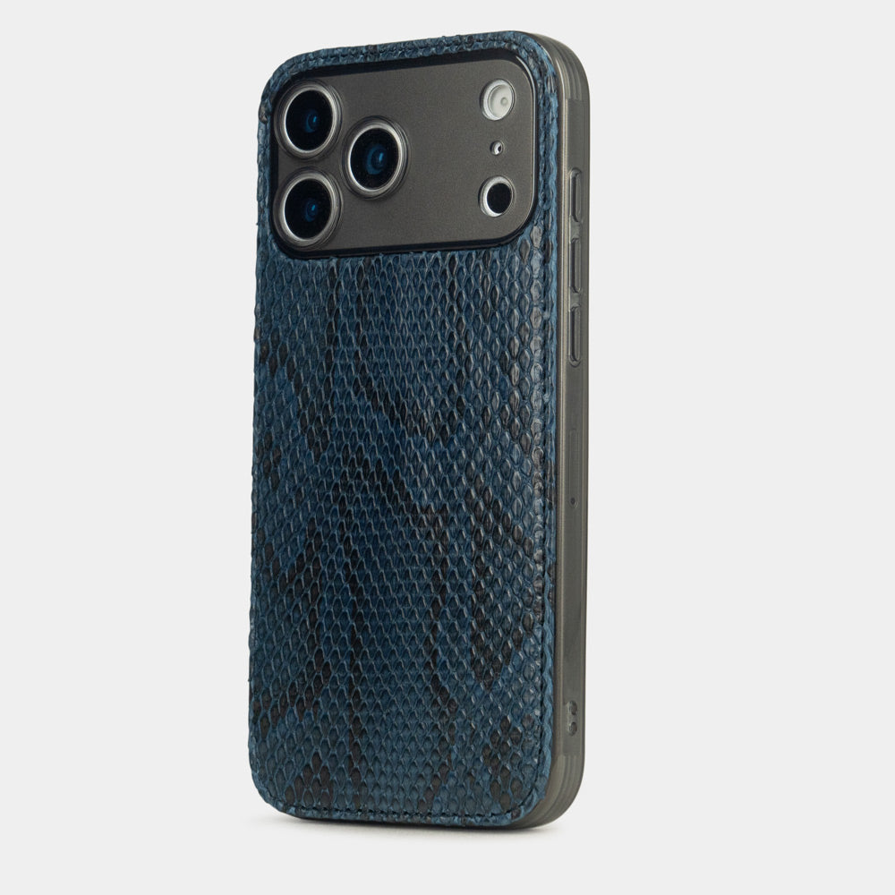 Blue Python Cover Case iPhone 17 Pro Max silver – luxury handmade phone case in genuine python leather