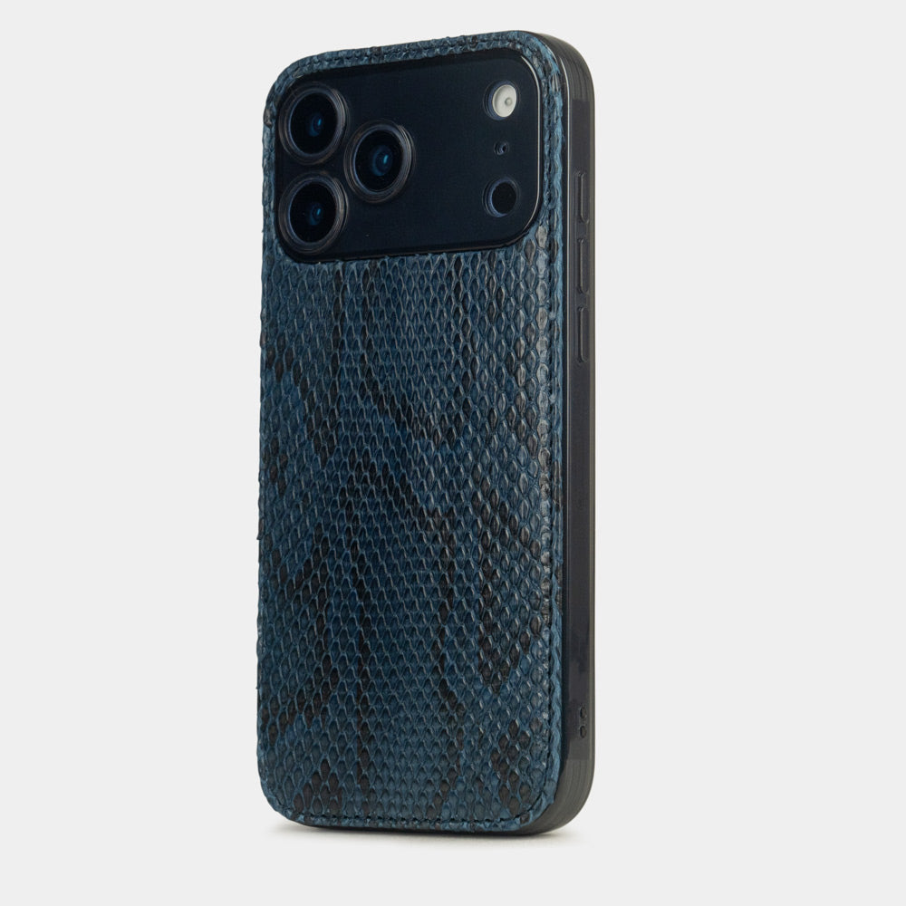 Blue Python Cover Case iPhone 17 Pro Max blue – luxury handmade phone case in genuine python leather, view of the cameras