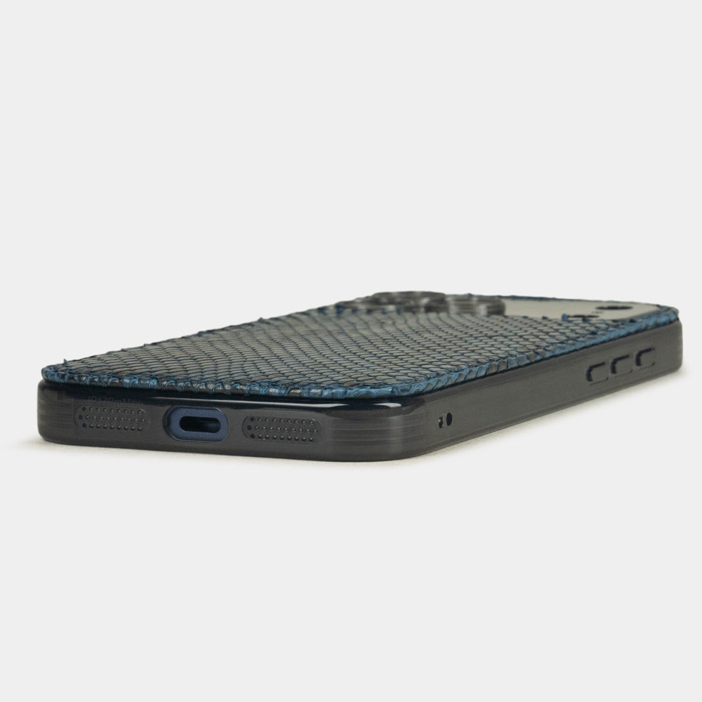 blue Python Cover Case iPhone 17 Pro Max - flat side view displaying ultra-thin handcrafted design, USB-C port opening and precise edge finishing