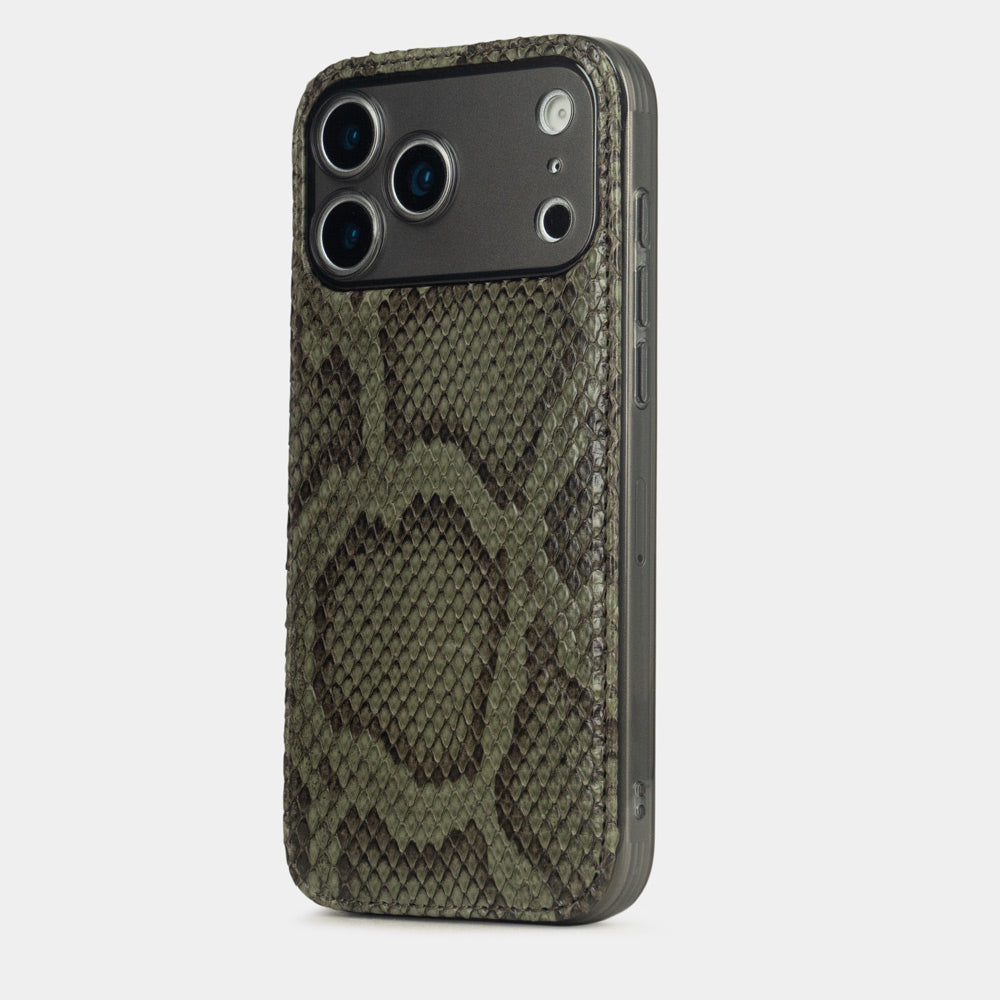 Green Python Cover Case iPhone 17 Pro Max silver – luxury handmade phone case in genuine python leather, view of the cameras