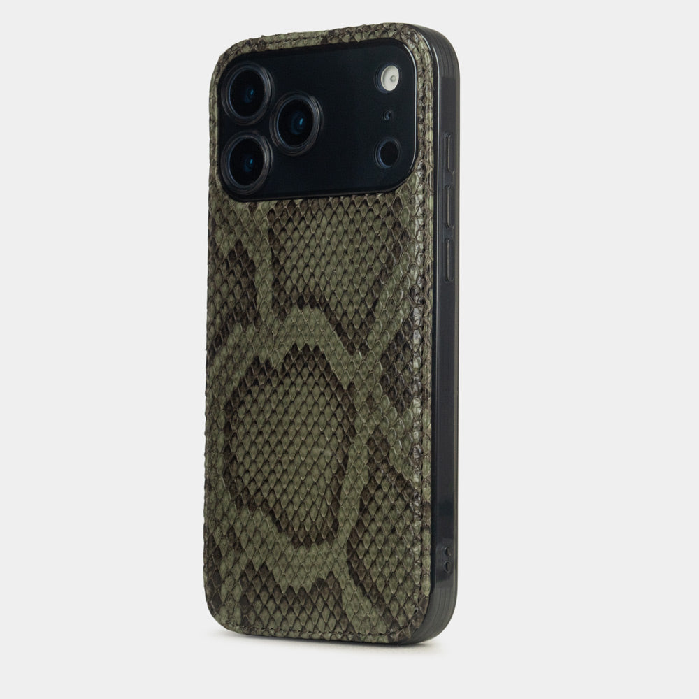 Green Python Cover Case iPhone 17 Pro Max blue – luxury handmade phone case in genuine python leather, view of the cameras