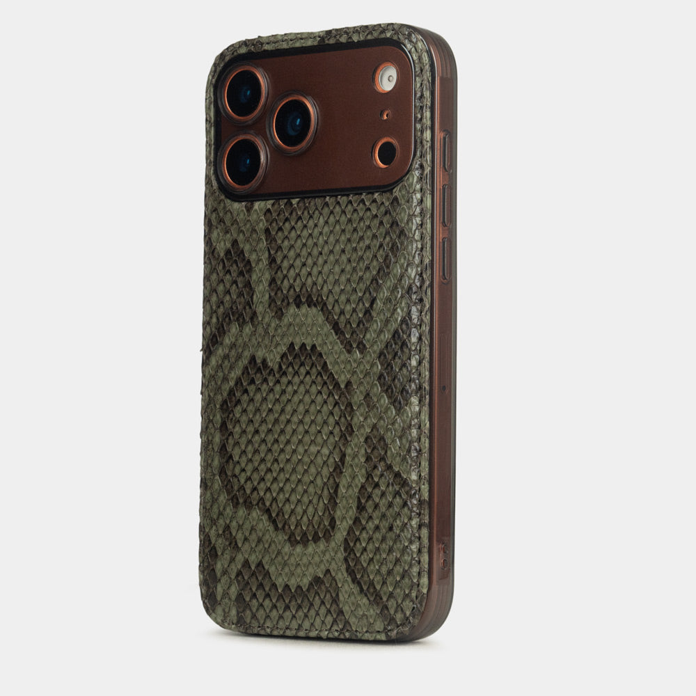 Green Python Cover Case iPhone 17 Pro Max orange – luxury handmade phone case in genuine python leather
