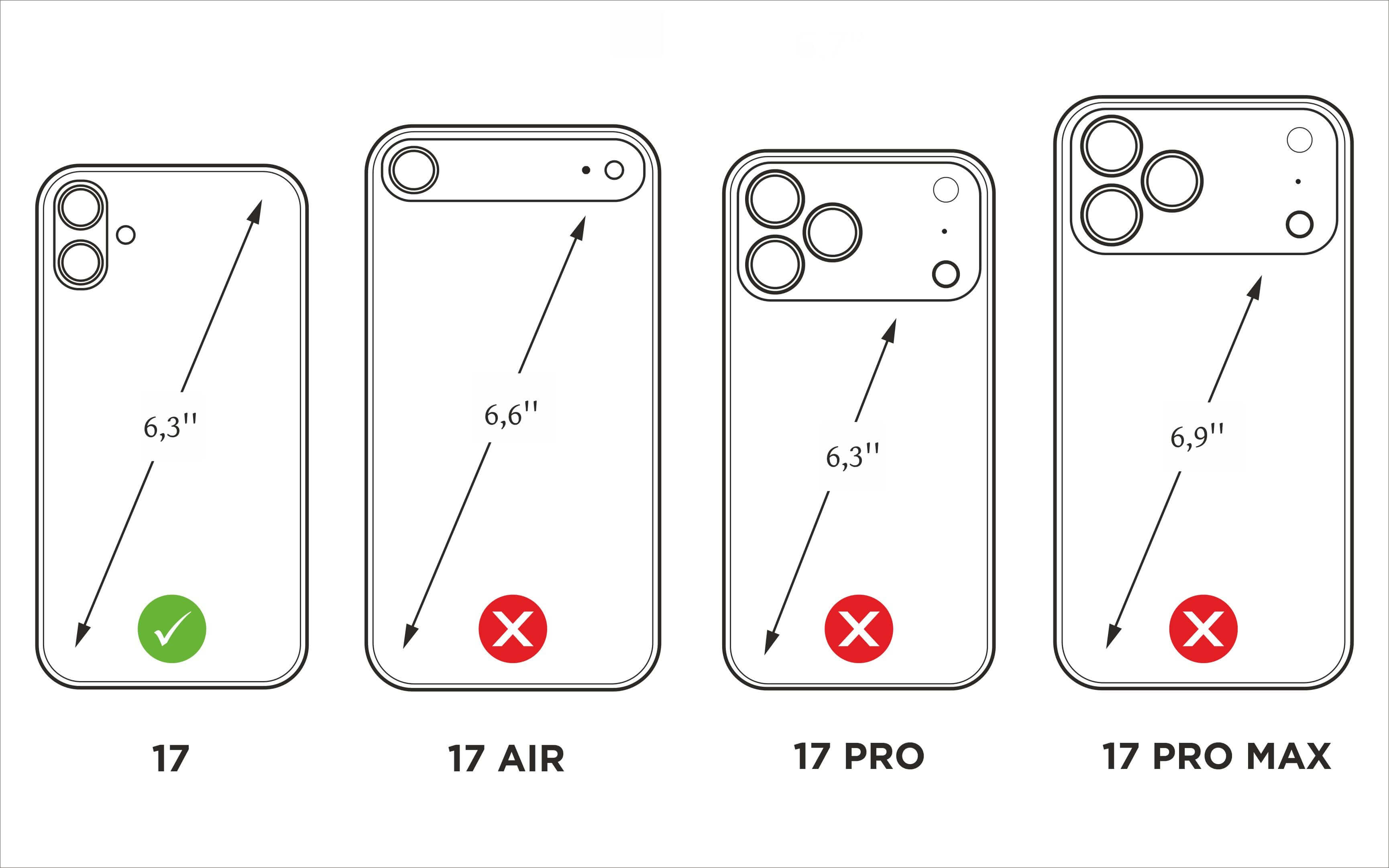 Compatibility guide illustration showing Marcel Robert leather case fits iPhone 17 6.3 inch, not compatible with iPhone 17 Air, 17 Pro or 17 Pro MaxCompatibility guide illustration showing Marcel Robert leather case fits iPhone 17 6.1 inch, not compatible with iPhone 17 Air, 17 Pro or 17 Pro Max