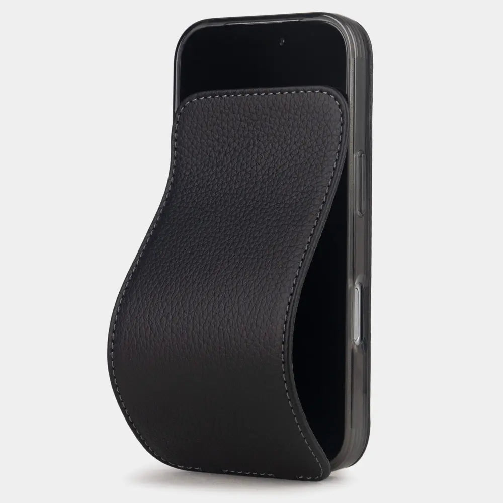 black calfskin case iPhone 17 Pro Max – luxury handmade phone case in genuine leather with magnetic front cover partially open