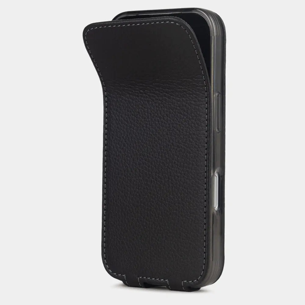 black Calfskin Case iPhone 17 Pro – phone flip case with textured natural scale pattern, flexible front cover folding back to protect the smartphone screen