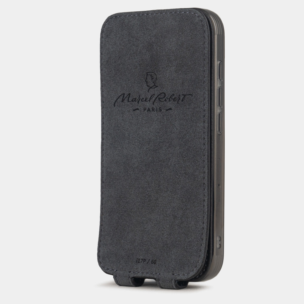 black Calfskin Case iPhone 17 Pro Max - interior view showing grey Alcantara lining with magnetic closure, designed to clean and protect the screen
