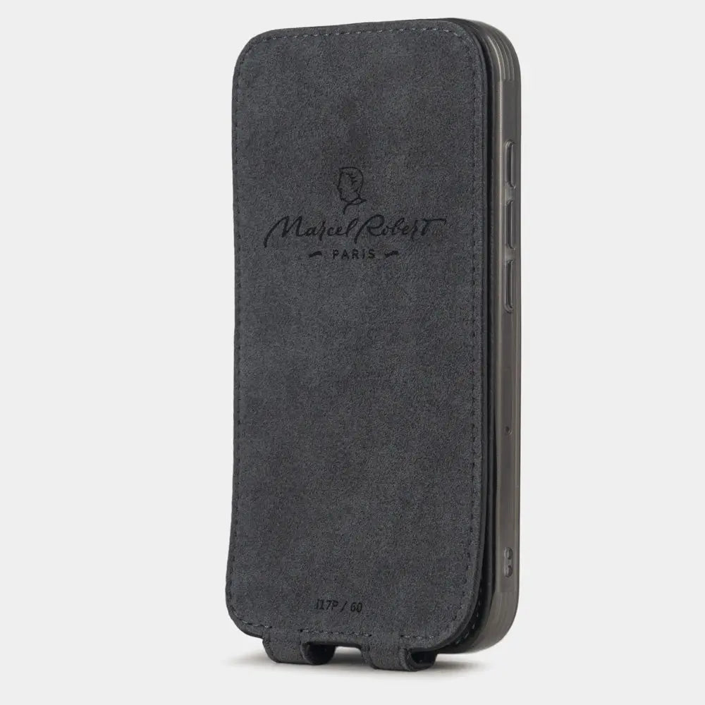 black Calfskin Case iPhone 17 Pro - interior view showing grey Alcantara lining with magnetic closure, designed to clean and protect the screen