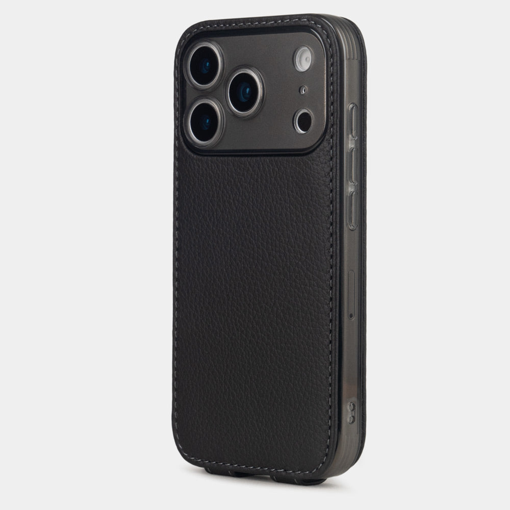 black Calfskin Case iPhone 17 Pro Max silver - view from camera side and how the lenses are efficiently protected