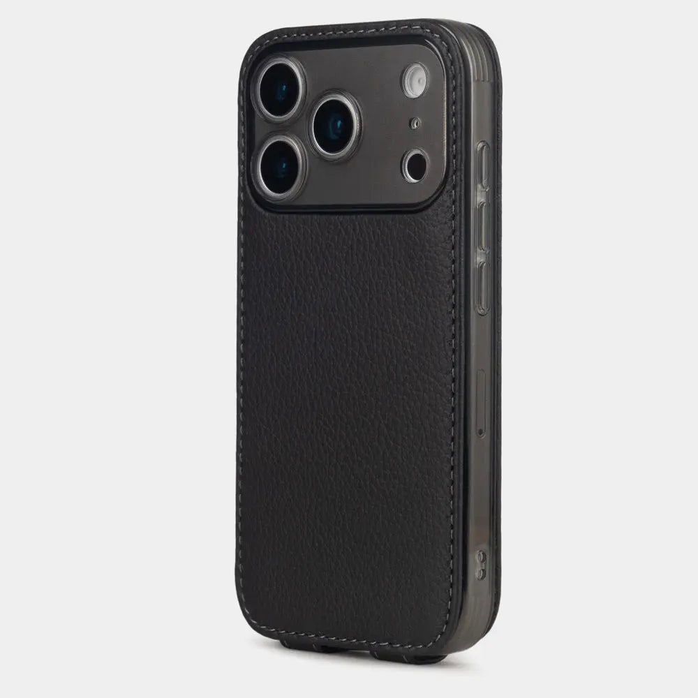 black Calfskin Case iPhone 17 Pro - view from camera side and how the lenses are efficiently protected
