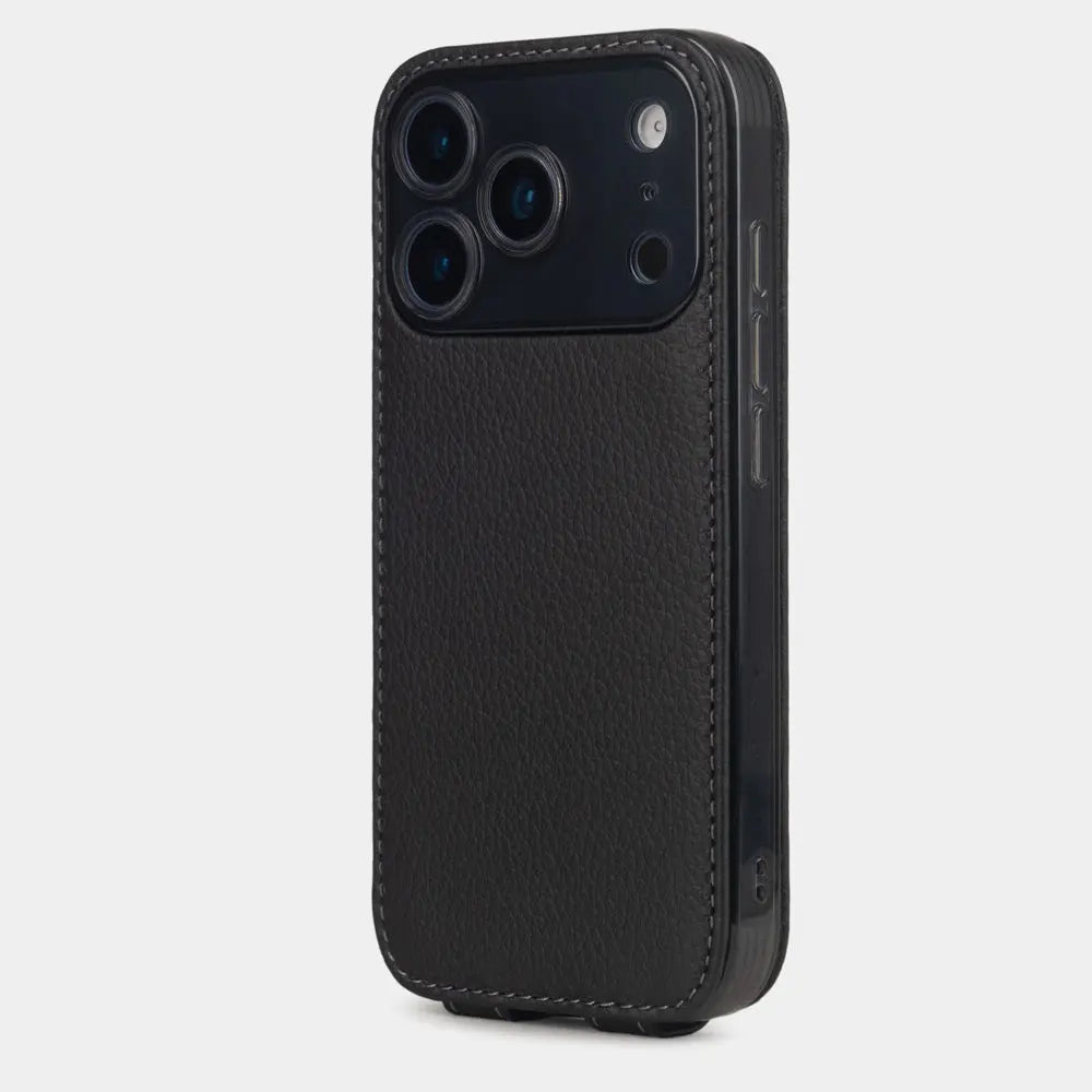 black Calfskin Case iPhone 17 Pro - view from camera side and how the lenses are efficiently protected, alternate angle