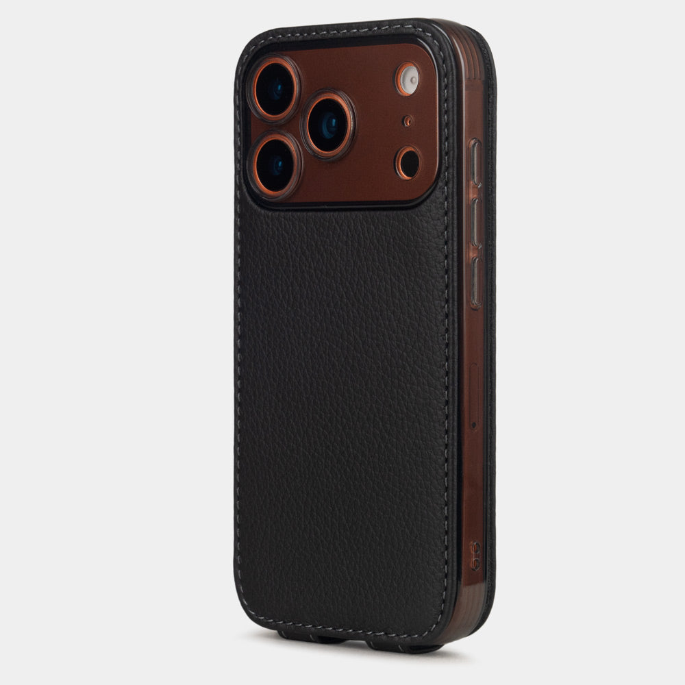 black Calfskin Case iPhone 17 Pro Max orange - view from camera side and how the lenses are efficiently protected