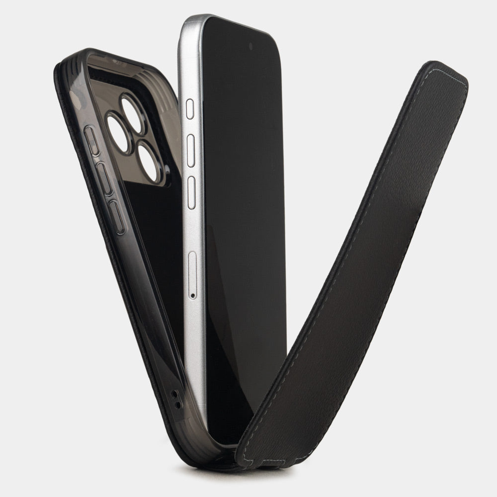 black calfskin Case iPhone 17 Pro Max - view how the iphone is inserted into the silicone case and the soft cover