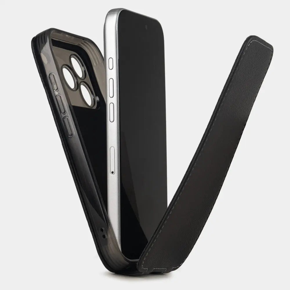 black calfskin Case iPhone 17 Pro - view how the iphone is inserted into the silicone case and the soft cover
