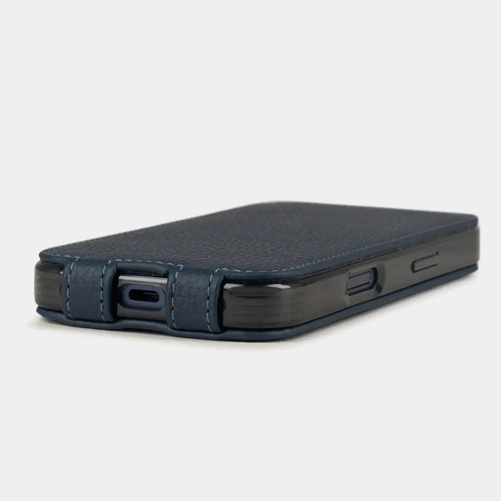 blue calfskin Case iPhone 17 Pro Max - flat side view displaying ultra-thin handcrafted design, USB-C port opening and precise edge finishing
