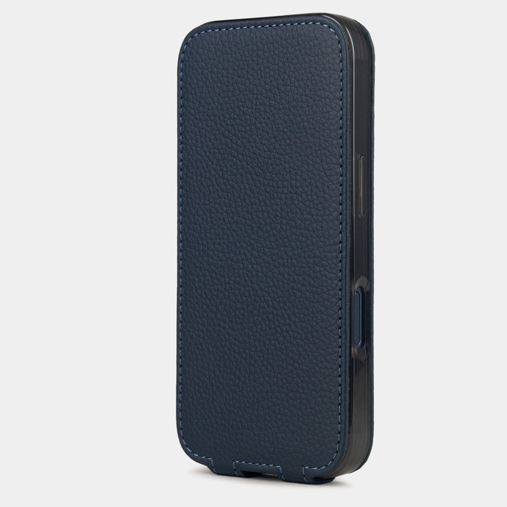 blue Calfskin Case iPhone 17 Pro Max– upright closed view highlighting the magnetic front cover fully protecting the screen, elegant silhouette