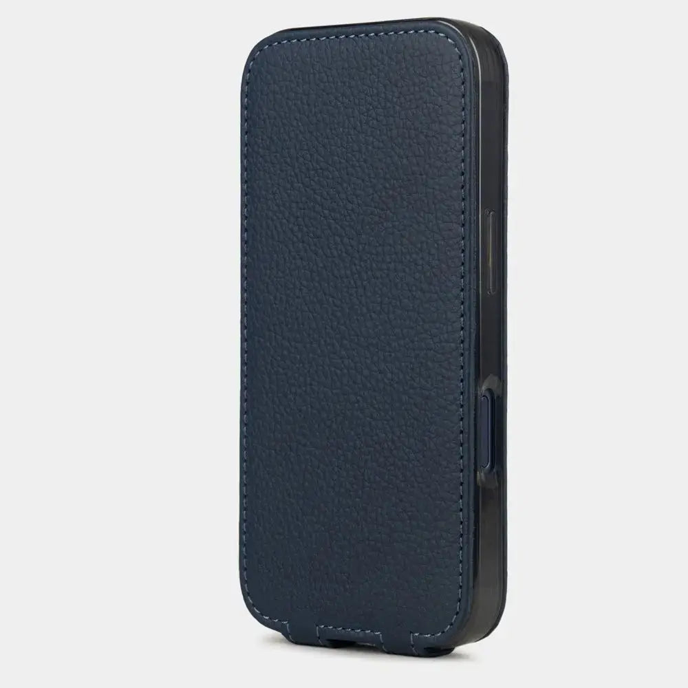 blue Calfskin Case iPhone 17 Pro – upright closed view highlighting the magnetic front cover fully protecting the screen, elegant silhouette