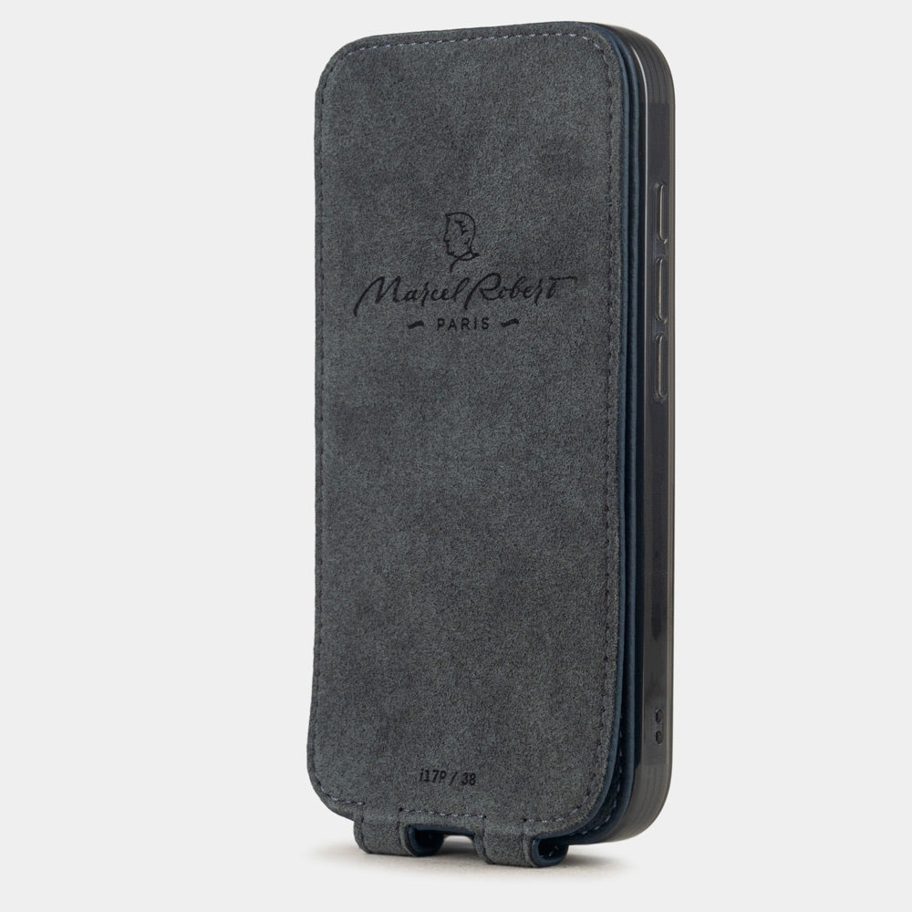 blue Calfskin Case iPhone 17 Pro Max - interior view showing grey Alcantara lining with magnetic closure, designed to clean and protect the screen
