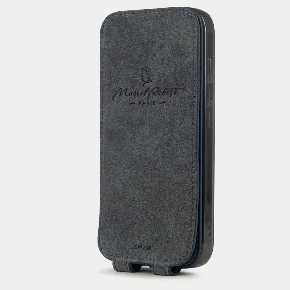 blue Calfskin Case iPhone 17 Pro - interior view showing grey Alcantara lining with magnetic closure, designed to clean and protect the screen