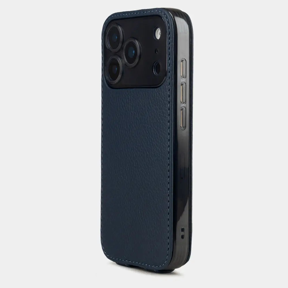 blue Calfskin Case iPhone 17 Pro Max - view from camera side and how the lenses are efficiently protected