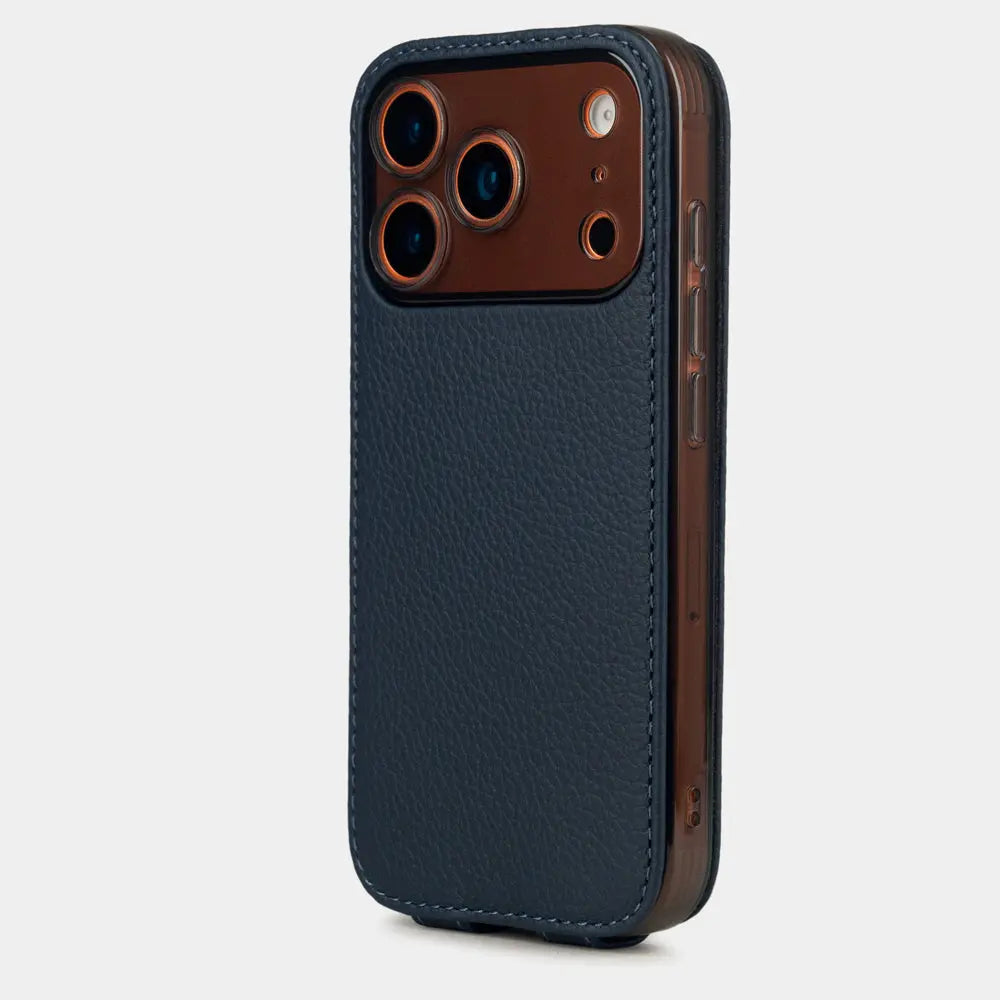blue Calfskin Case iPhone 17 Pro Max - view from camera side and how the lenses are efficiently protected, alternate angle