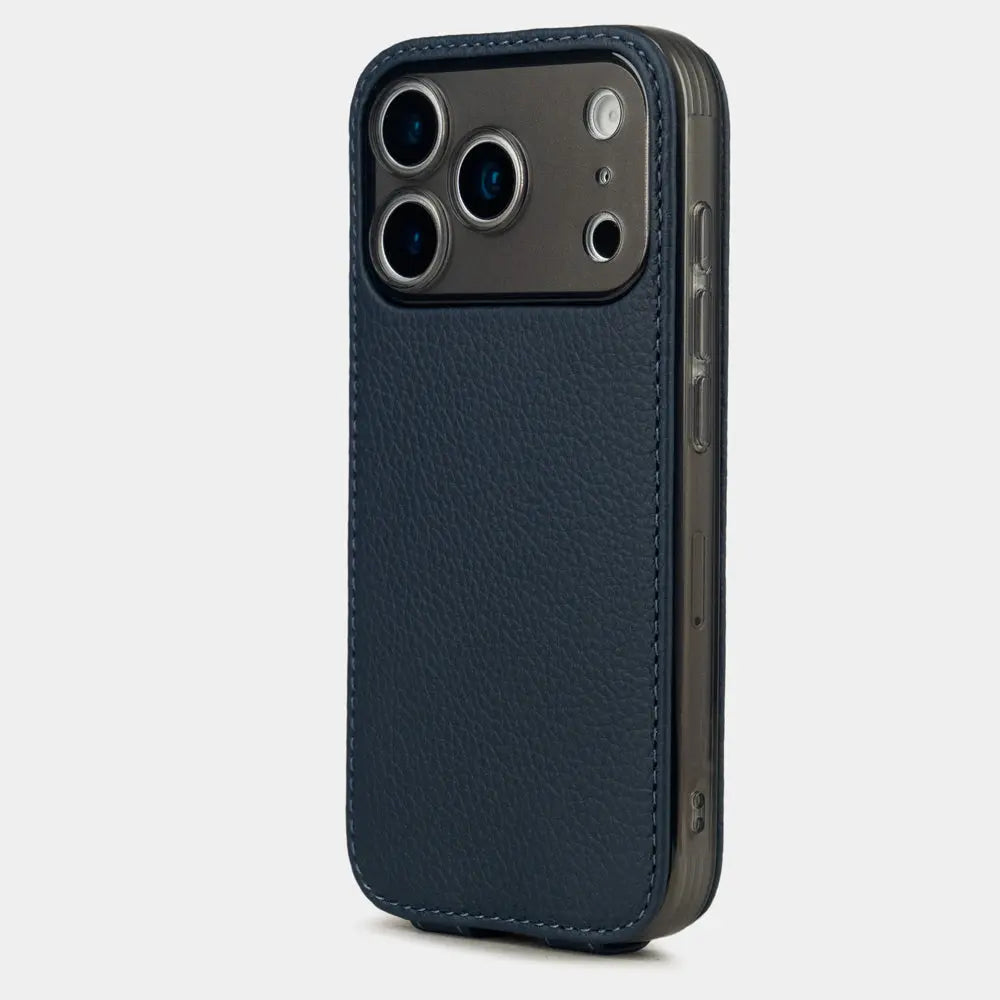 blue Calfskin Case iPhone 17 Pro - view from camera side and how the lenses are efficiently protected