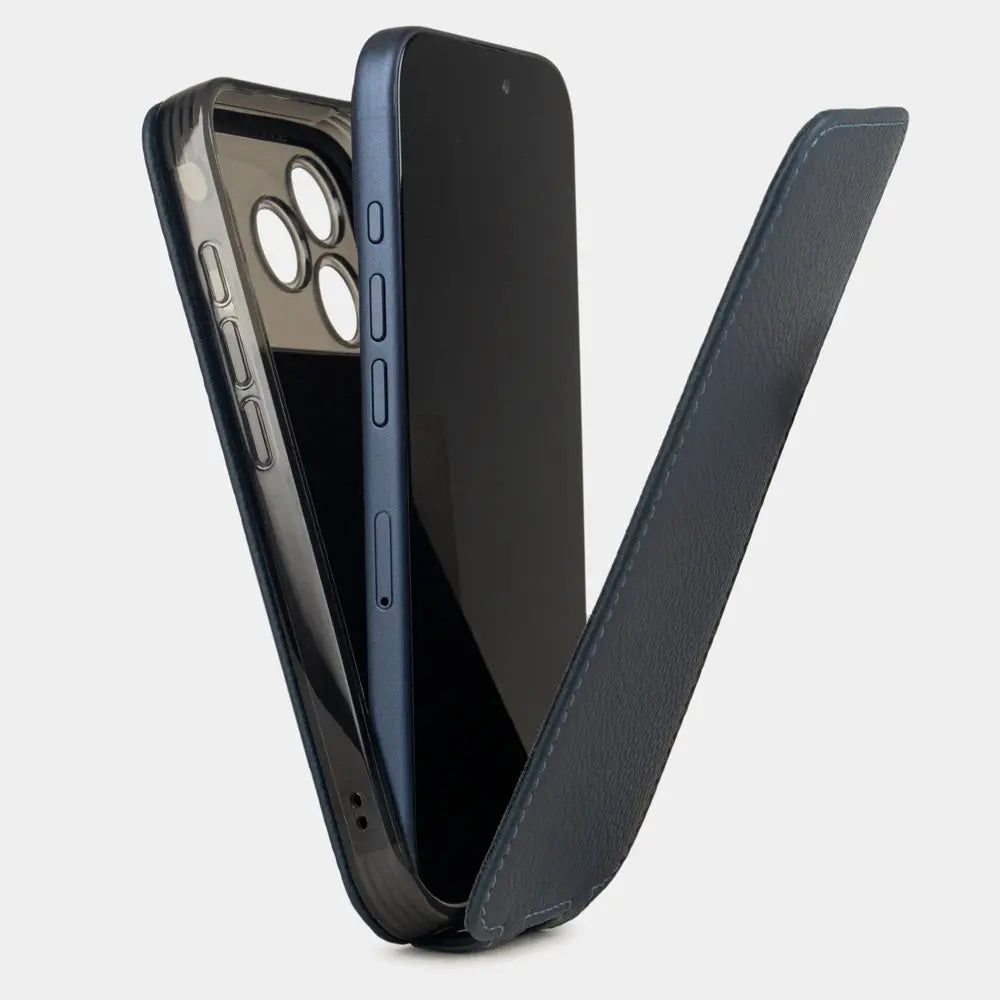 blue calfskin Case iPhone 17 Pro - view how the iphone is inserted into the silicone case and the soft cover