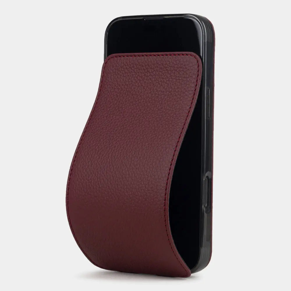 bordeaux calfskin case iPhone 17 Pro – luxury handmade phone case in genuine leather with magnetic front cover partially open