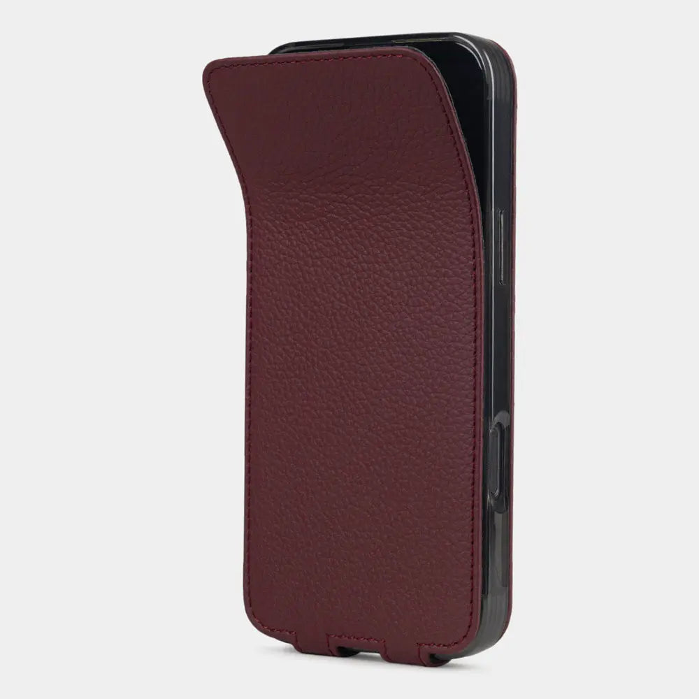 bordeaux Calfskin Case iPhone 17 Pro – phone flip case with textured natural scale pattern, flexible front cover folding back to protect the smartphone screen